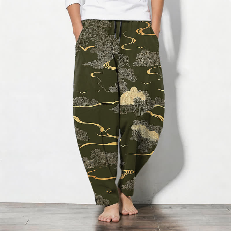 Buddha Stones Pure Cotton Golden Cloud Wave Pattern Drawstring Men's Tapered Pants With Pockets - DarkOliveGreen - US/UK/AU50,EU60 (5XL) - image 7