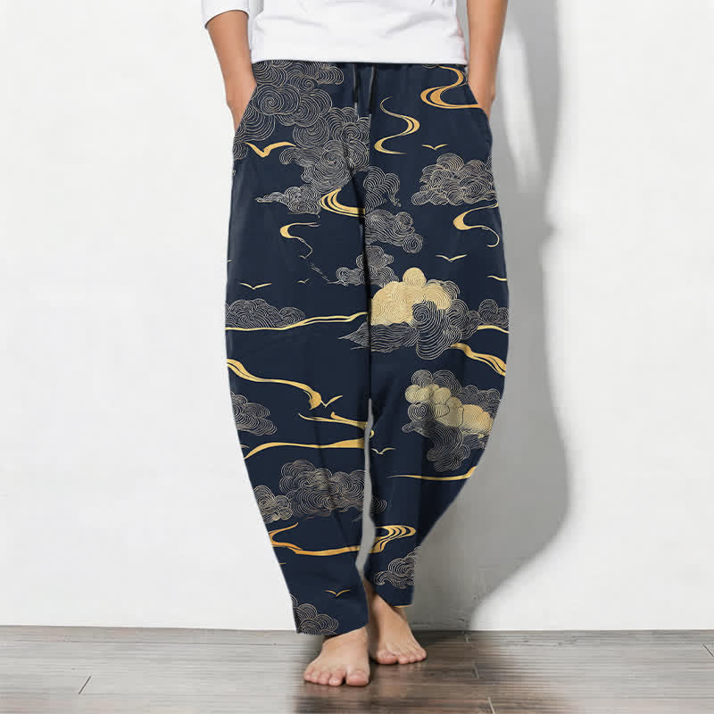 Buddha Stones Pure Cotton Golden Cloud Wave Pattern Drawstring Men's Tapered Pants With Pockets - Navy - US/UK/AU50,EU60 (5XL) - image 11