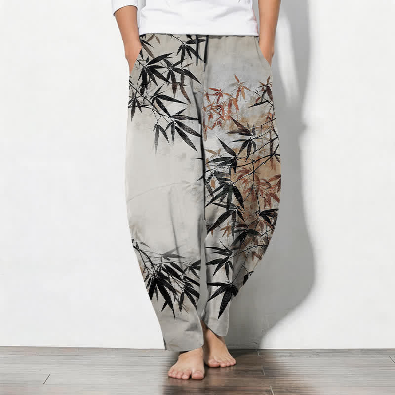 Buddha Stones Pure Cotton Ink Bamboo Leaf Pattern Drawstring Men's Tapered Pants With Pockets - Gainsboro - US/UK/AU50,EU60 (5XL) - image 0
