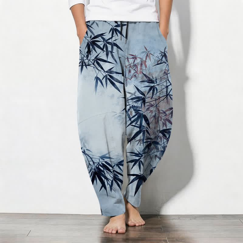 Buddha Stones Pure Cotton Ink Bamboo Leaf Pattern Drawstring Men's Tapered Pants With Pockets - LightBlue - US/UK/AU50,EU60 (5XL) - image 7