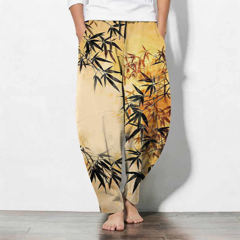 Buddha Stones Pure Cotton Ink Bamboo Leaf Pattern Drawstring Men's Tapered Pants With Pockets - Gold - US/UK/AU50,EU60 (5XL) - image 11