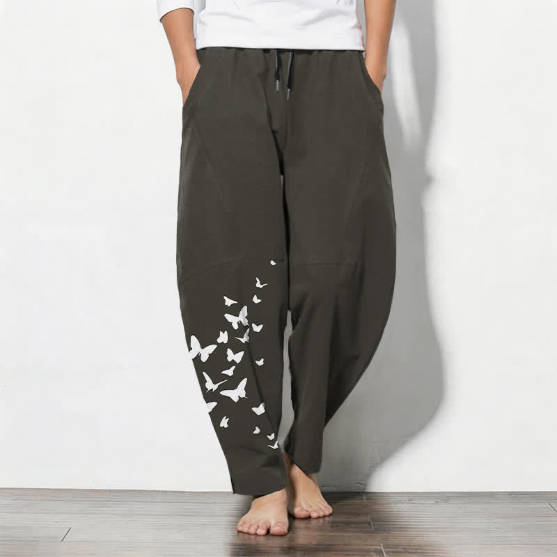 Buddha Stones Pure Cotton White Butterfly Cluster Pattern Drawstring Men's Tapered Pants With Pockets - Black - US/UK/AU50,EU60 (5XL) - image 0