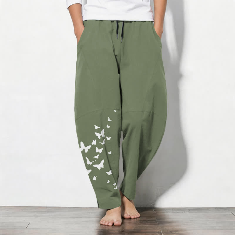 Buddha Stones Pure Cotton White Butterfly Cluster Pattern Drawstring Men's Tapered Pants With Pockets - OliveDrab - US/UK/AU50,EU60 (5XL) - image 7