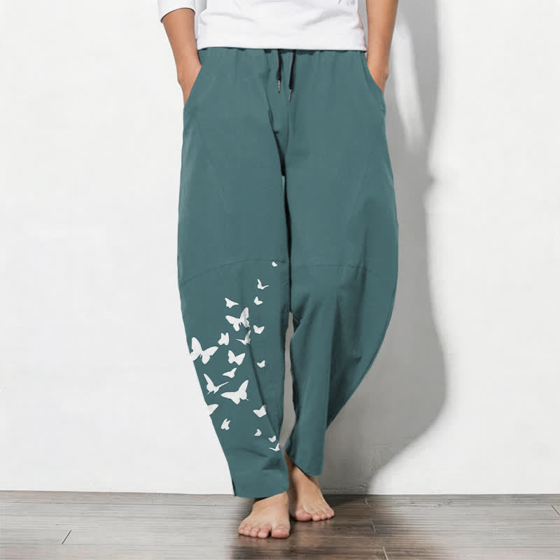 Buddha Stones Pure Cotton White Butterfly Cluster Pattern Drawstring Men's Tapered Pants With Pockets - CadetBlue - US/UK/AU50,EU60 (5XL) - image 11