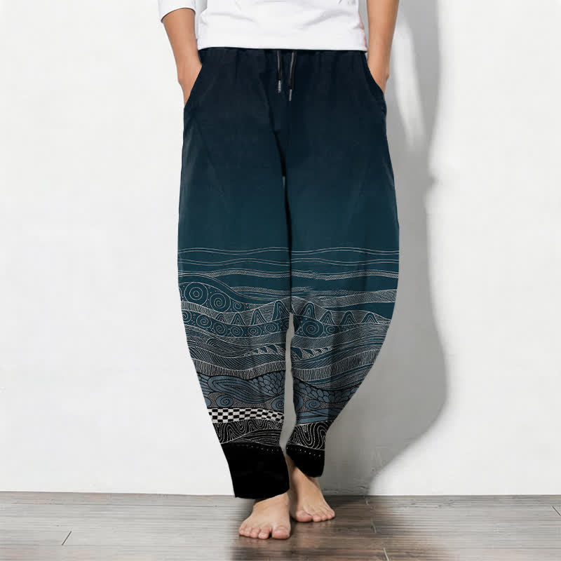 Buddha Stones Pure Cotton Tribal Wave Pattern Drawstring Men's Tapered Pants With Pockets - Teal - US/UK/AU50,EU60 (5XL) - image 0