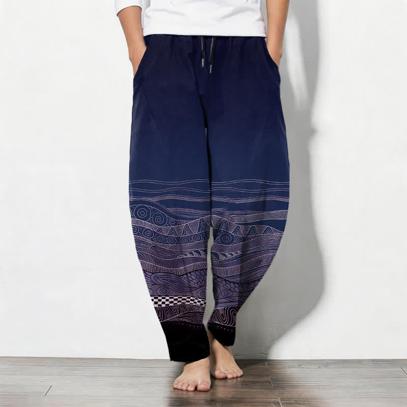 Buddha Stones Pure Cotton Tribal Wave Pattern Drawstring Men's Tapered Pants With Pockets - Navy - US/UK/AU50,EU60 (5XL) - image 7