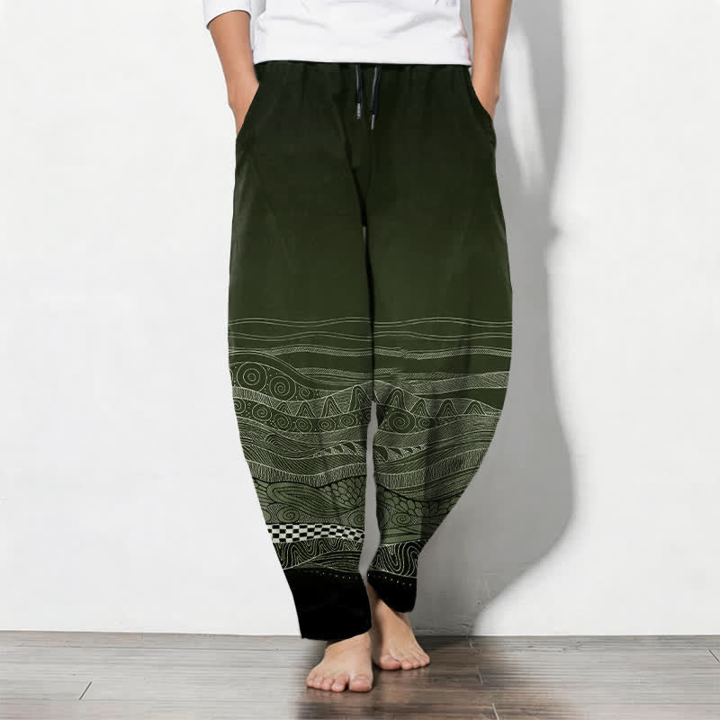Buddha Stones Pure Cotton Tribal Wave Pattern Drawstring Men's Tapered Pants With Pockets - DarkOliveGreen - US/UK/AU50,EU60 (5XL) - image 11