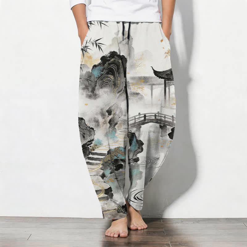 Buddha Stones Pure Cotton Ink Landscape Bamboo Pattern Drawstring Men's Tapered Pants With Pockets - White - US/UK/AU50,EU60 (5XL) - image 0