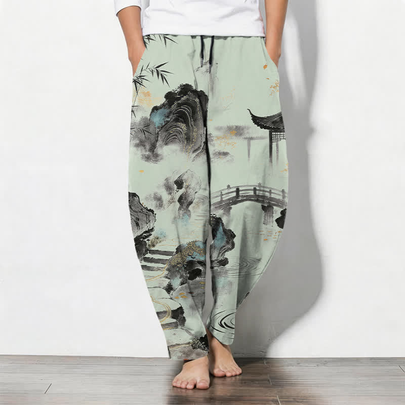 Buddha Stones Pure Cotton Ink Landscape Bamboo Pattern Drawstring Men's Tapered Pants With Pockets - PaleGreen - US/UK/AU50,EU60 (5XL) - image 11