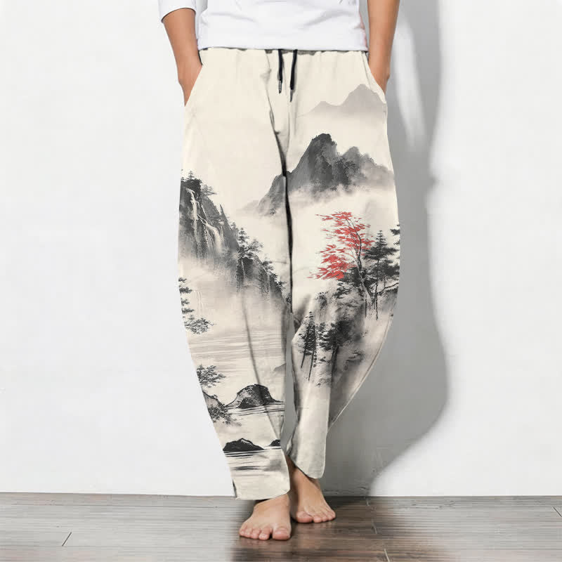 Buddha Stones Pure Cotton Ink Wash Mountain Landscape Pattern Drawstring Men's Tapered Pants With Pockets - White - US/UK/AU50,EU60 (5XL) - image 0