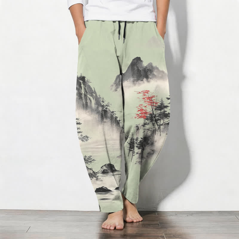 Buddha Stones Pure Cotton Ink Wash Mountain Landscape Pattern Drawstring Men's Tapered Pants With Pockets - PaleGreen - US/UK/AU50,EU60 (5XL) - image 7