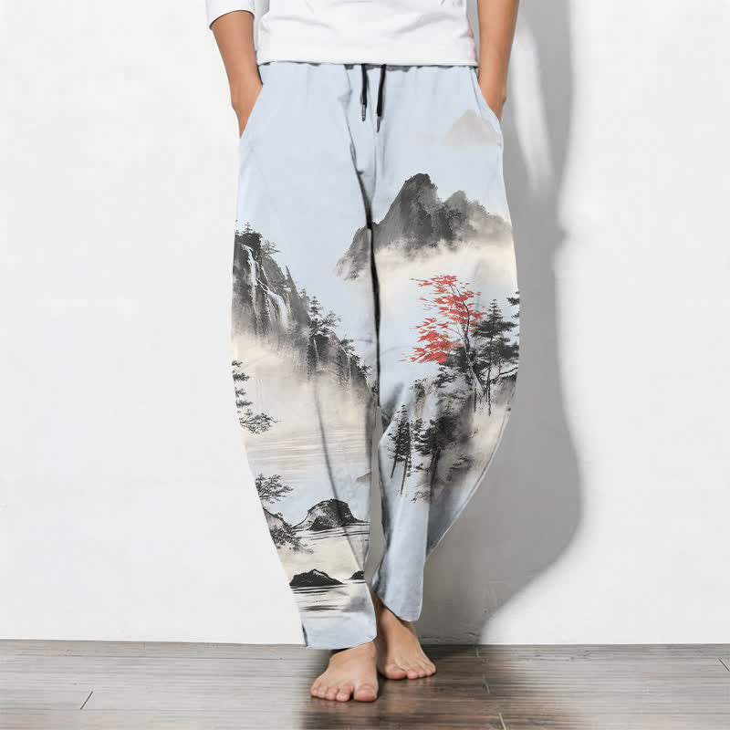 Buddha Stones Pure Cotton Ink Wash Mountain Landscape Pattern Drawstring Men's Tapered Pants With Pockets - PowderBlue - US/UK/AU50,EU60 (5XL) - image 11