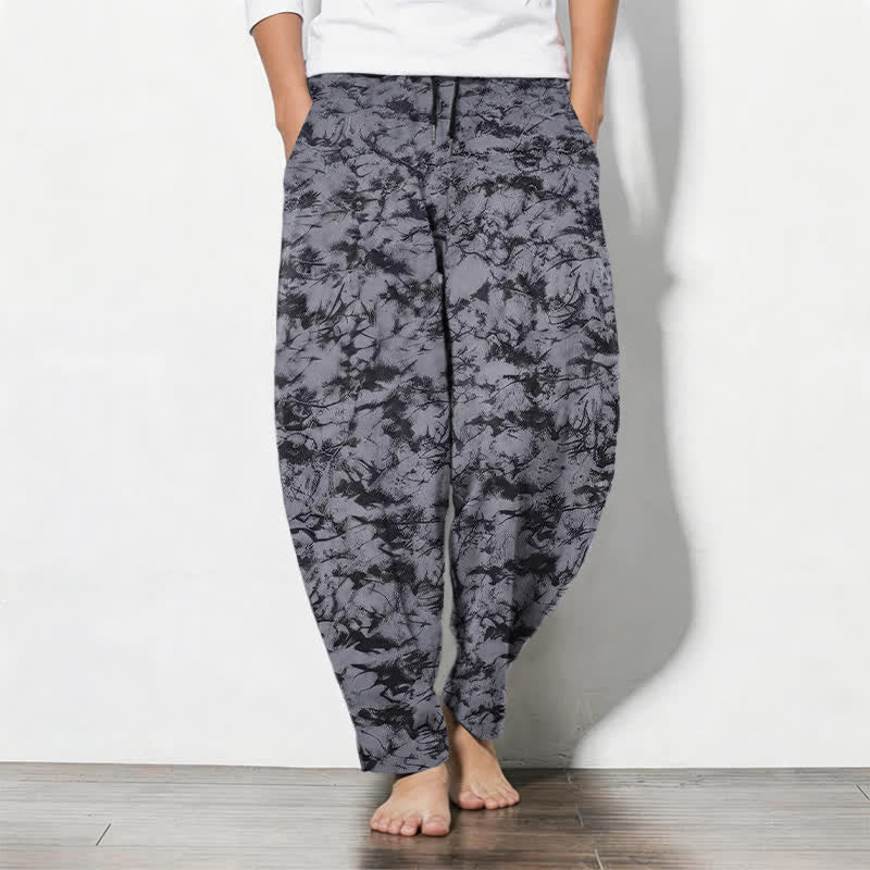 Buddha Stones Pure Cotton Dark Marble Camo Pattern Drawstring Men's Tapered Pants With Pockets - Gray - US/UK/AU50,EU60 (5XL) - image 0
