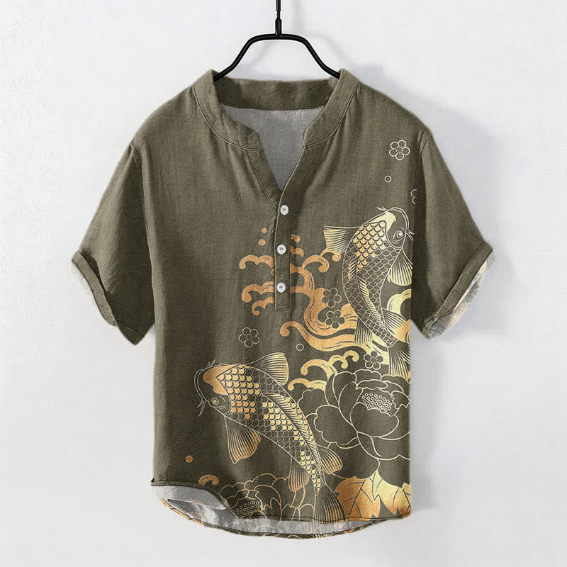 Buddha Stones Cotton Koi Fish Peony Pattern Men's Short Sleeve Half Button Shirt - DarkKhaki - US/UK/AU50,EU60 (5XL) - image 0