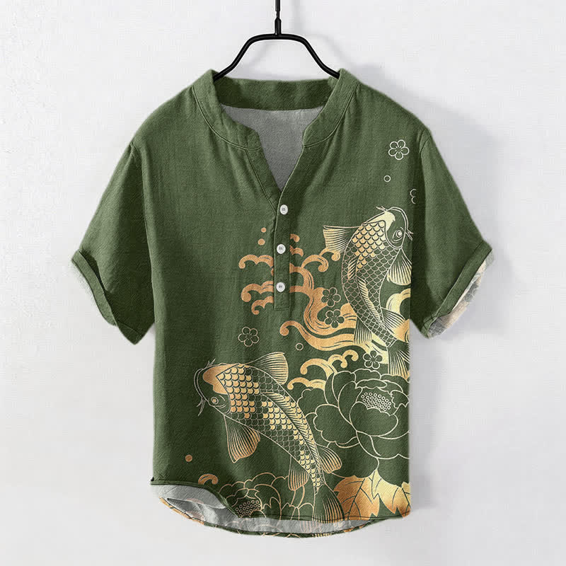Buddha Stones Cotton Koi Fish Peony Pattern Men's Short Sleeve Half Button Shirt - OliveDrab - US/UK/AU50,EU60 (5XL) - image 7