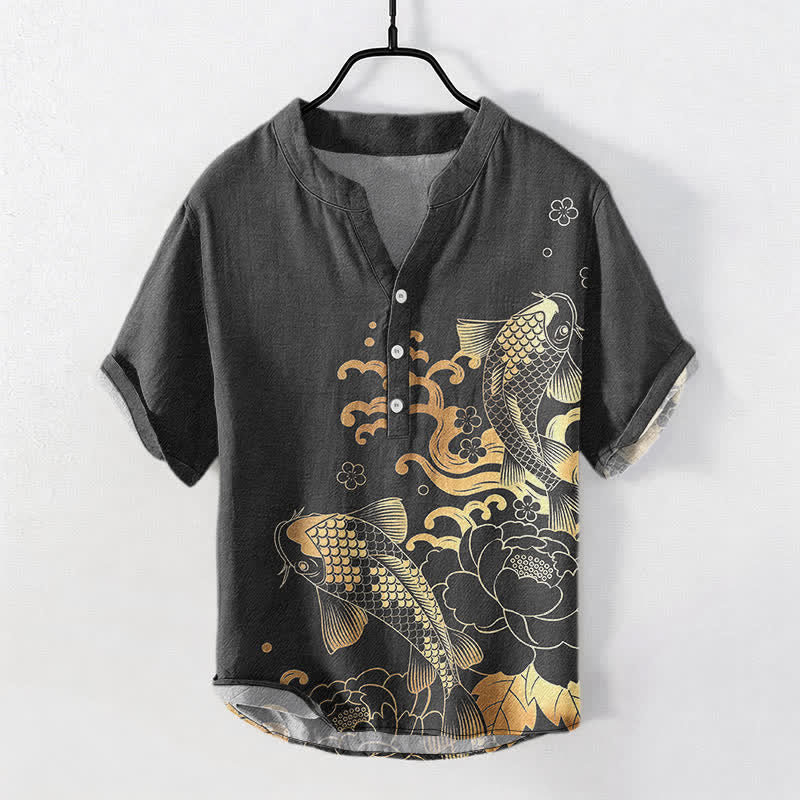 Buddha Stones Cotton Koi Fish Peony Pattern Men's Short Sleeve Half Button Shirt - DimGray - US/UK/AU50,EU60 (5XL) - image 5