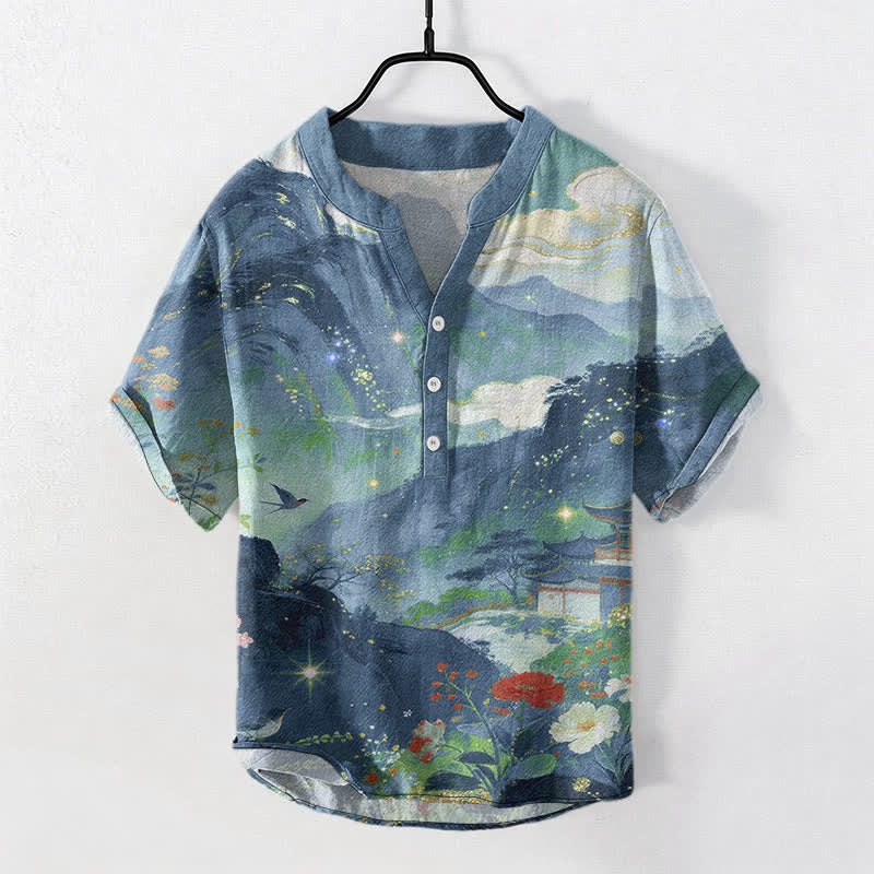 Buddha Stones Cotton Ink Wash Landscape Pattern Men's Short Sleeve Half Button Shirt - CadetBlue - US/UK/AU50,EU60 (5XL) - image 0