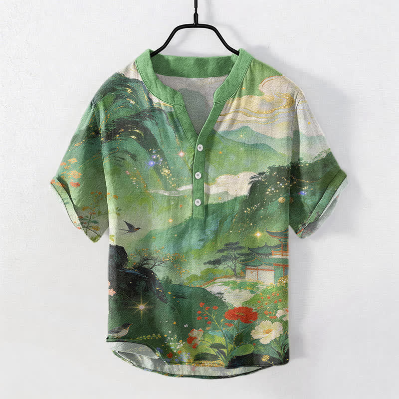 Buddha Stones Cotton Ink Wash Landscape Pattern Men's Short Sleeve Half Button Shirt - MediumSeaGreen - US/UK/AU50,EU60 (5XL) - image 5