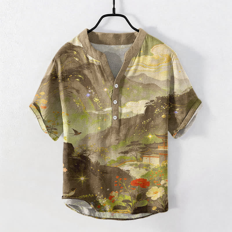 Buddha Stones Cotton Ink Wash Landscape Pattern Men's Short Sleeve Half Button Shirt - Goldenrod - US/UK/AU50,EU60 (5XL) - image 7
