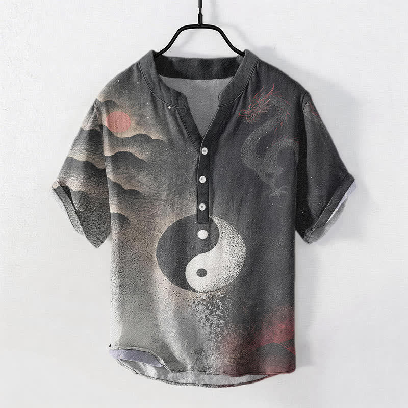 Buddha Stones Cotton Yin Yang Cloud Pattern Men's Short Sleeve Half Button Shirt - Black - US/UK/AU50,EU60 (5XL) - image 0
