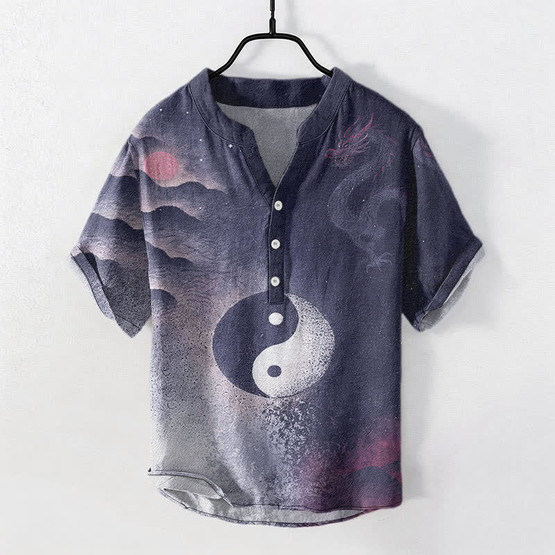 Buddha Stones Cotton Yin Yang Cloud Pattern Men's Short Sleeve Half Button Shirt - MidnightBlue - US/UK/AU50,EU60 (5XL) - image 5