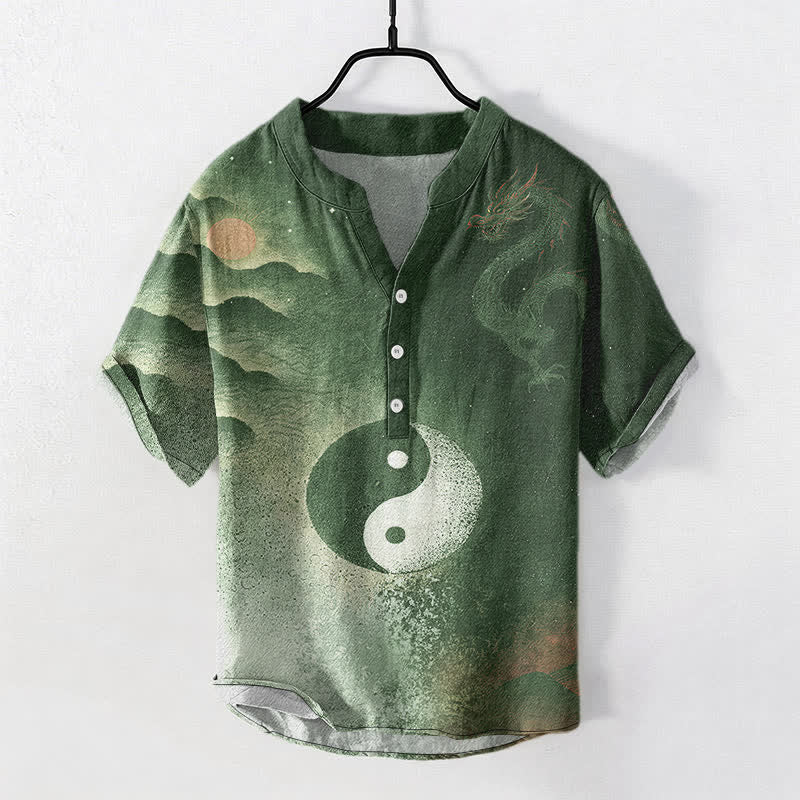 Buddha Stones Cotton Yin Yang Cloud Pattern Men's Short Sleeve Half Button Shirt - DarkOliveGreen - US/UK/AU50,EU60 (5XL) - image 7