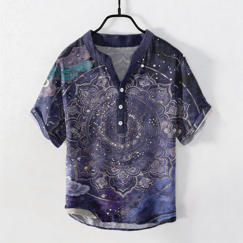 Buddha Stones Cotton Golden Mandala Galaxy Pattern Men's Short Sleeve Half Button Shirt - DarkBlue - US/UK/AU50,EU60 (5XL) - image 0