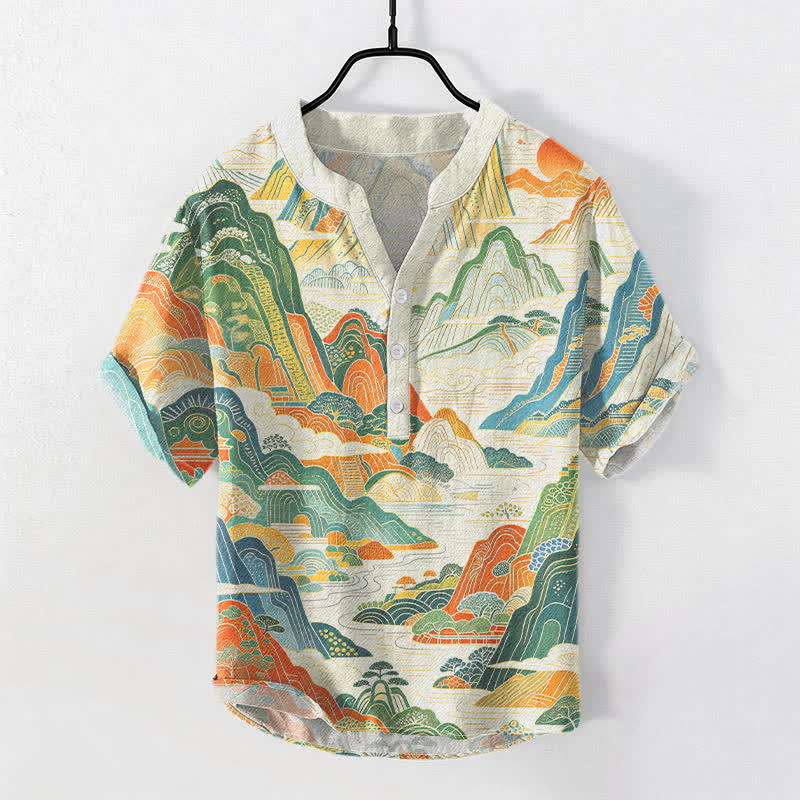 Buddha Stones Cotton Abstract Mountain Landscape Pattern Men's Short Sleeve Half Button Shirt - Ivory - US/UK/AU50,EU60 (5XL) - image 0