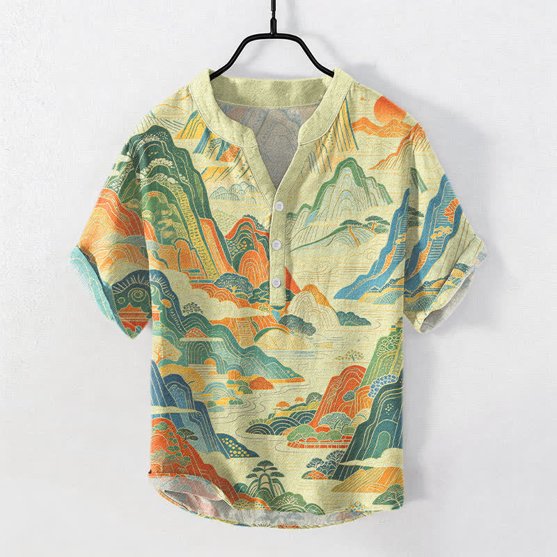 Buddha Stones Cotton Abstract Mountain Landscape Pattern Men's Short Sleeve Half Button Shirt - LemonChiffon - US/UK/AU50,EU60 (5XL) - image 3