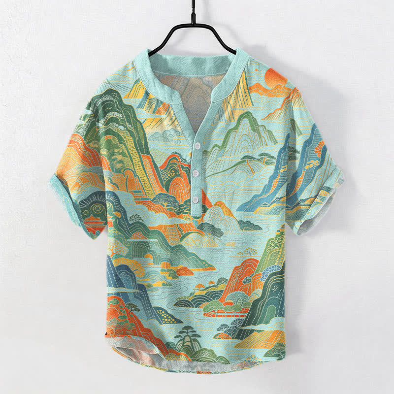 Buddha Stones Cotton Abstract Mountain Landscape Pattern Men's Short Sleeve Half Button Shirt - PaleTurquoise - US/UK/AU50,EU60 (5XL) - image 5