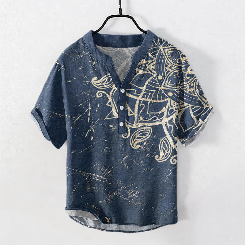 Buddha Stones Cotton Vintage Mandala Floral Pattern Men's Short Sleeve Half Button Shirt - Navy - US/UK/AU50,EU60 (5XL) - image 0