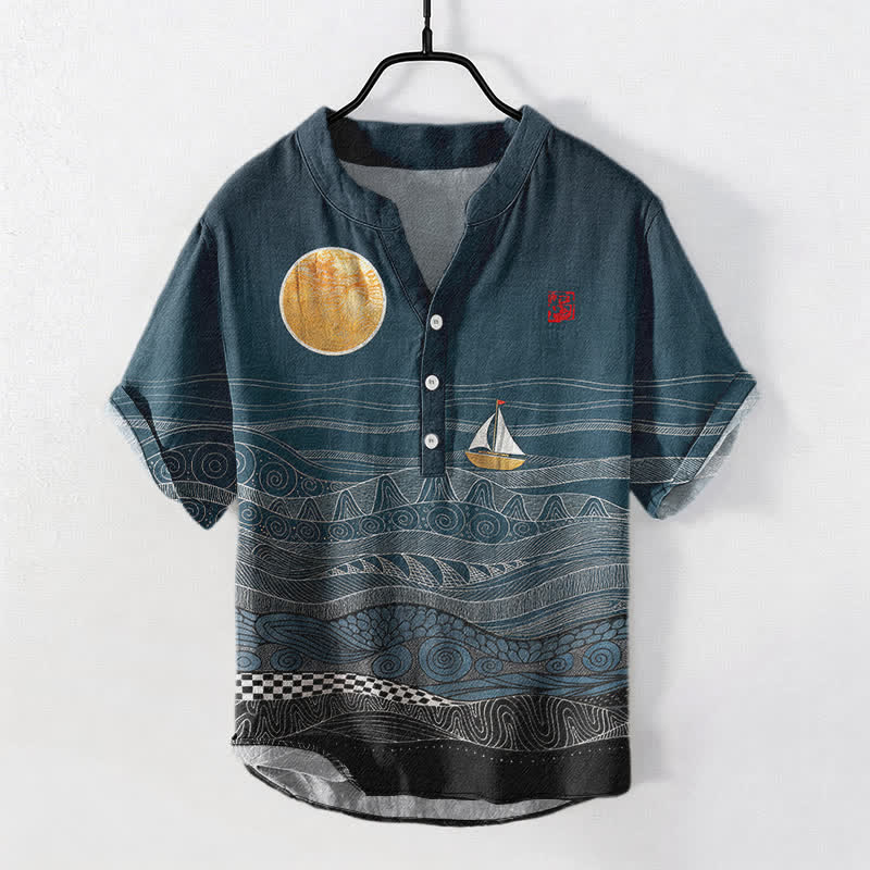 Buddha Stones Cotton Ocean Wave Sailboat Pattern Men's Short Sleeve Half Button Shirt - Teal - US/UK/AU50,EU60 (5XL) - image 0