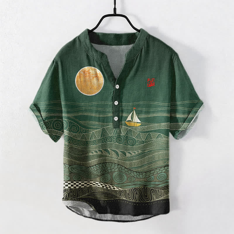 Buddha Stones Cotton Ocean Wave Sailboat Pattern Men's Short Sleeve Half Button Shirt - ForestGreen - US/UK/AU50,EU60 (5XL) - image 5