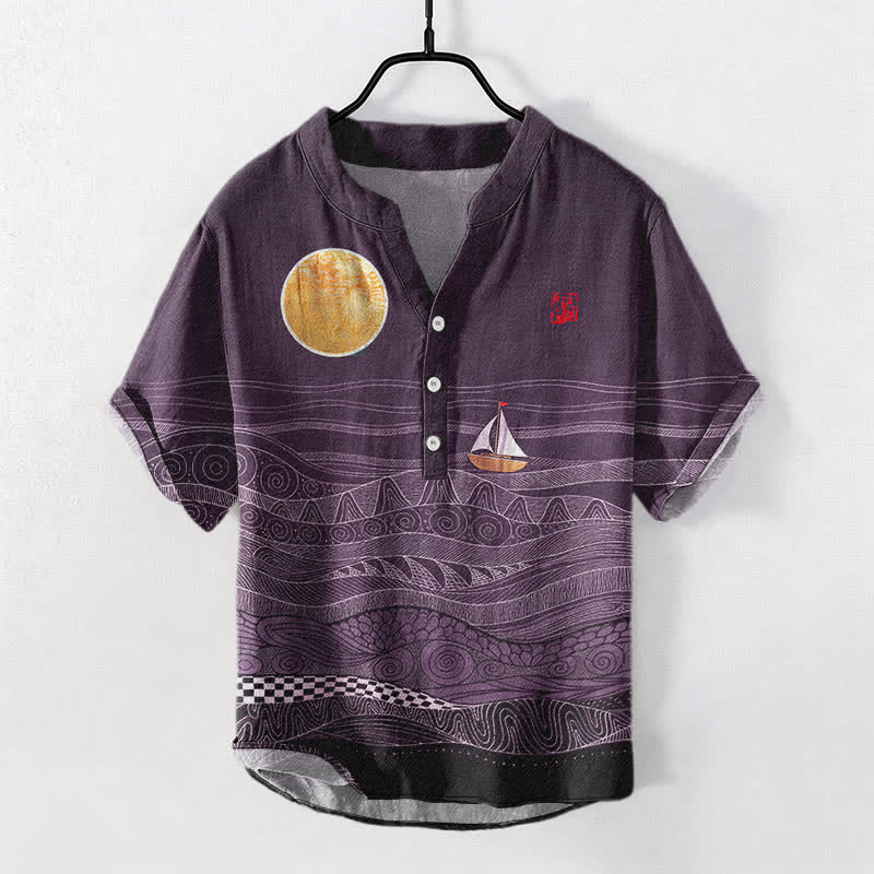 Buddha Stones Cotton Ocean Wave Sailboat Pattern Men's Short Sleeve Half Button Shirt - Purple - US/UK/AU50,EU60 (5XL) - image 7