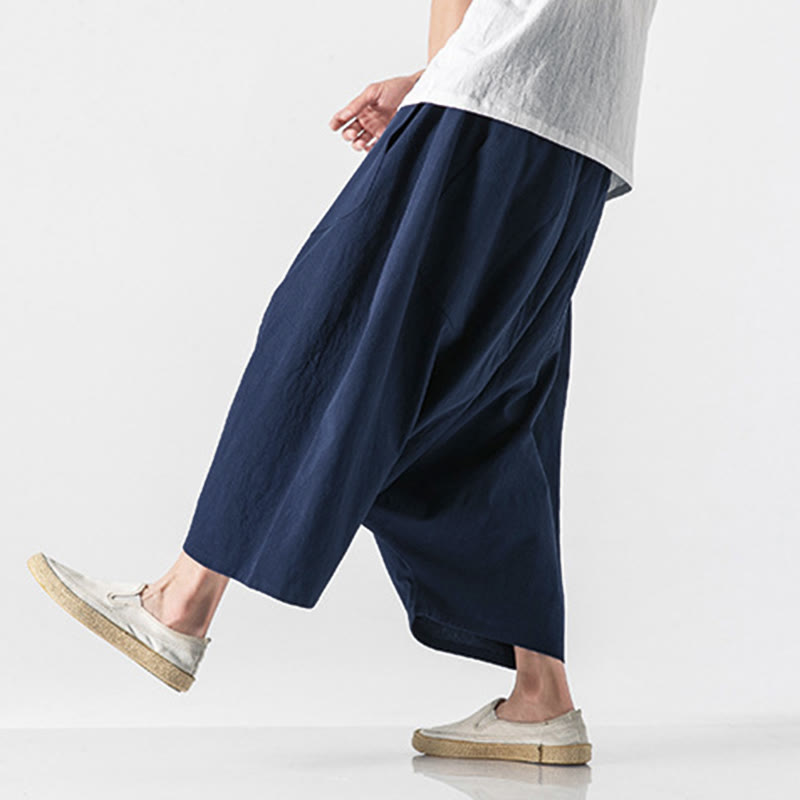 Buddha Stones Casual Low Crotch Design Drawstring Men's 7-8 Length Wide Leg Pants With Pockets - DarkSlateBlue - US/UK/AU46,EU56 (5XL) - image 0