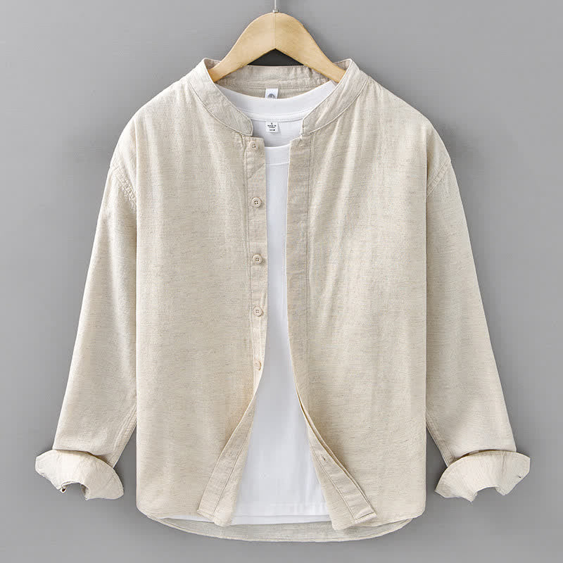 Buddha Stones Spring Casual Mandarin Collar Button-Up Solid Cotton Linen Men's Long Sleeve Shirts - Linen - US/UK/AU42,EU52 (3XL) - image 0