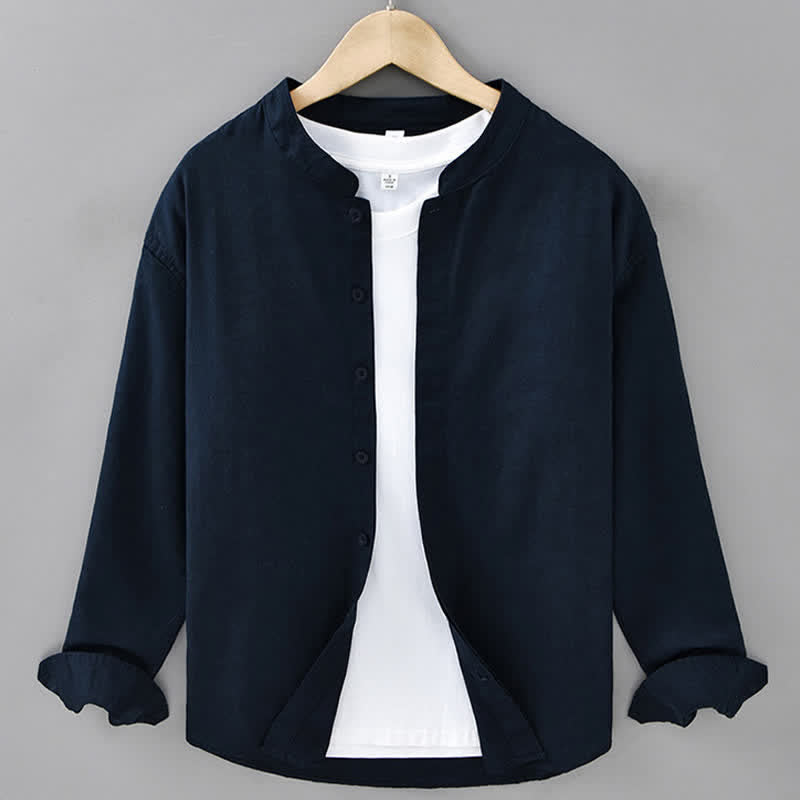 Buddha Stones Spring Casual Mandarin Collar Button-Up Solid Cotton Linen Men's Long Sleeve Shirts - Navy - US/UK/AU42,EU52 (3XL) - image 9