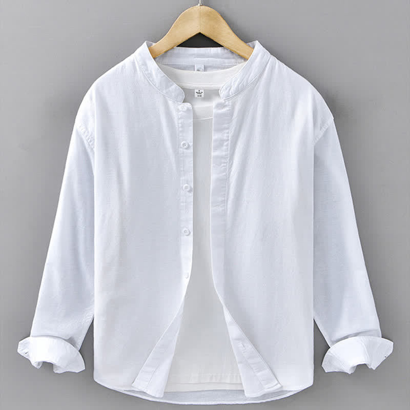 Buddha Stones Spring Casual Mandarin Collar Button-Up Solid Cotton Linen Men's Long Sleeve Shirts - White - US/UK/AU42,EU52 (3XL) - image 17