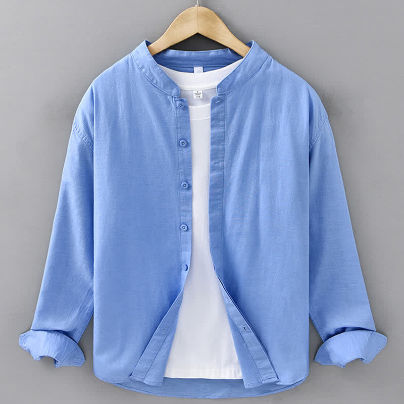 Buddha Stones Spring Casual Mandarin Collar Button-Up Solid Cotton Linen Men's Long Sleeve Shirts - CornflowerBlue - US/UK/AU42,EU52 (3XL) - image 13