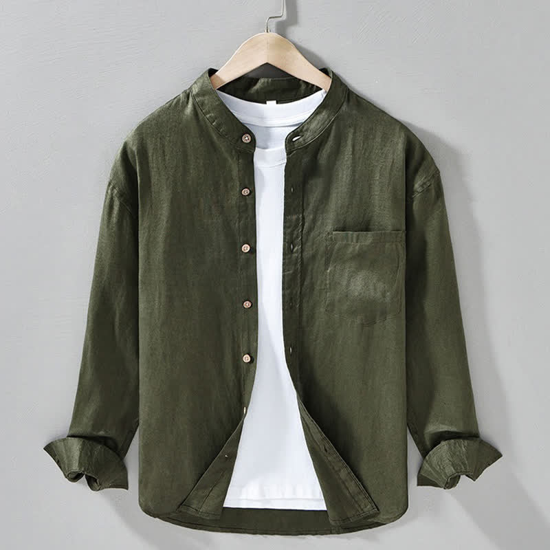 Buddha Stones Spring Casual Mandarin Collar Solid Linen Men's Long Sleeve Shirts With Patch Pocket - DarkOliveGreen - US/UK/AU42,EU52 (3XL) - image 17