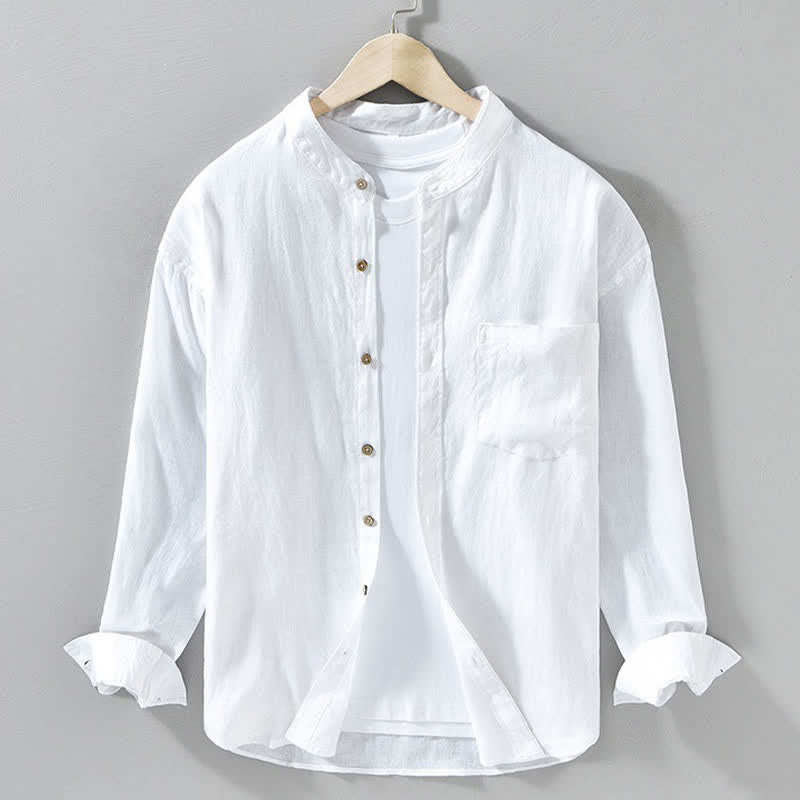 Buddha Stones Spring Casual Mandarin Collar Solid Linen Men's Long Sleeve Shirts With Patch Pocket - White - US/UK/AU42,EU52 (3XL) - image 21