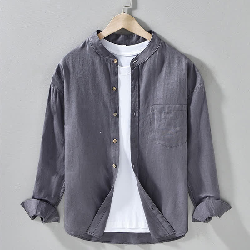 Buddha Stones Spring Casual Mandarin Collar Solid Linen Men's Long Sleeve Shirts With Patch Pocket - SlateGray - US/UK/AU42,EU52 (3XL) - image 13
