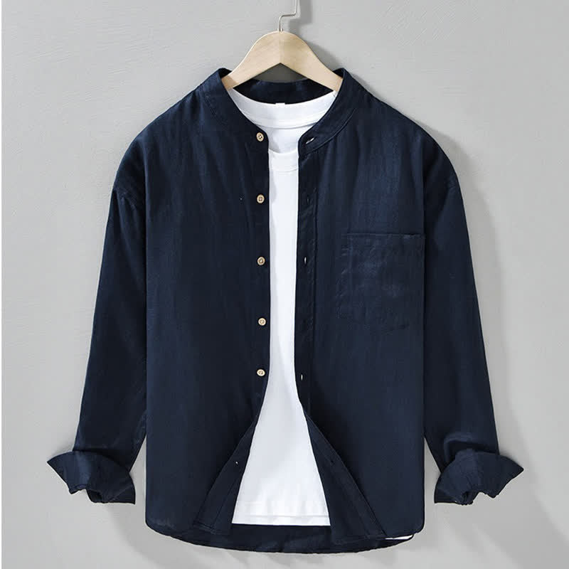 Buddha Stones Spring Casual Mandarin Collar Solid Linen Men's Long Sleeve Shirts With Patch Pocket - MidnightBlue - US/UK/AU42,EU52 (3XL) - image 9