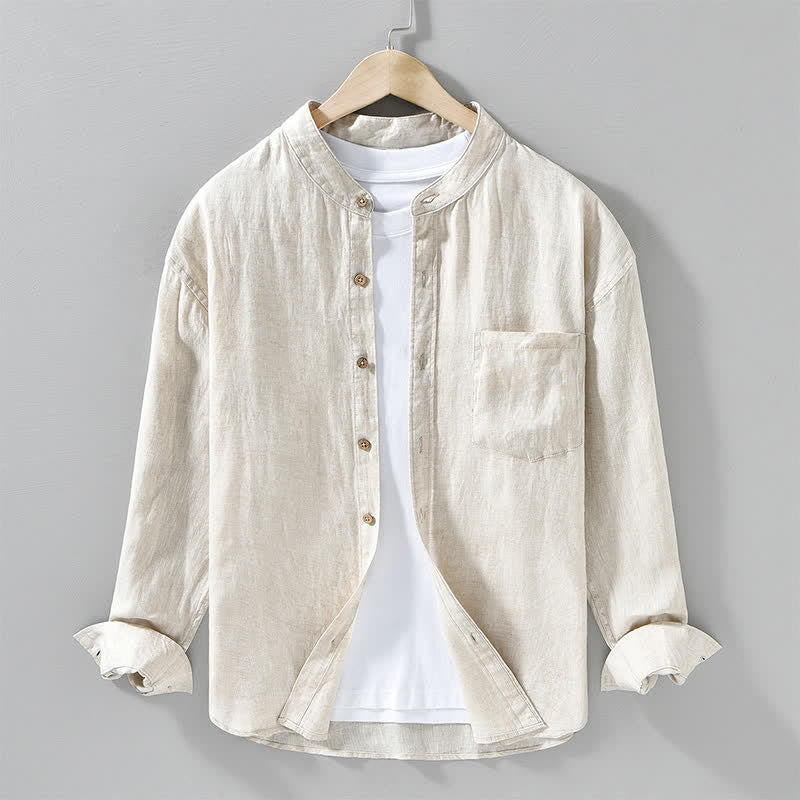 Buddha Stones Spring Casual Mandarin Collar Solid Linen Men's Long Sleeve Shirts With Patch Pocket - Beige - US/UK/AU42,EU52 (3XL) - image 0