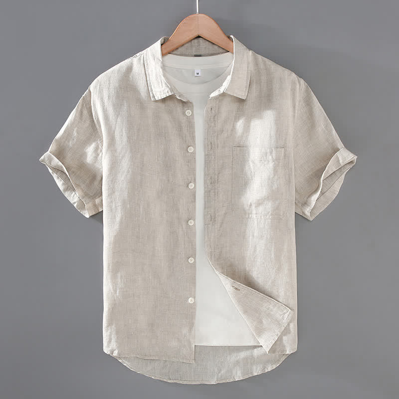 Buddha Stones Summer Casual Button-Up Solid Linen Men's Short Sleeve Shirts With Patch Pocket - Beige - US/UK/AU42,EU52 (3XL) - image 0