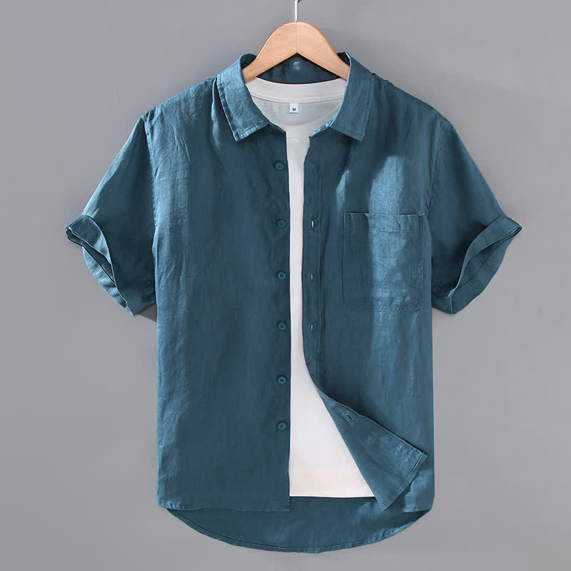 Buddha Stones Summer Casual Button-Up Solid Linen Men's Short Sleeve Shirts With Patch Pocket - CadetBlue - US/UK/AU42,EU52 (3XL) - image 10