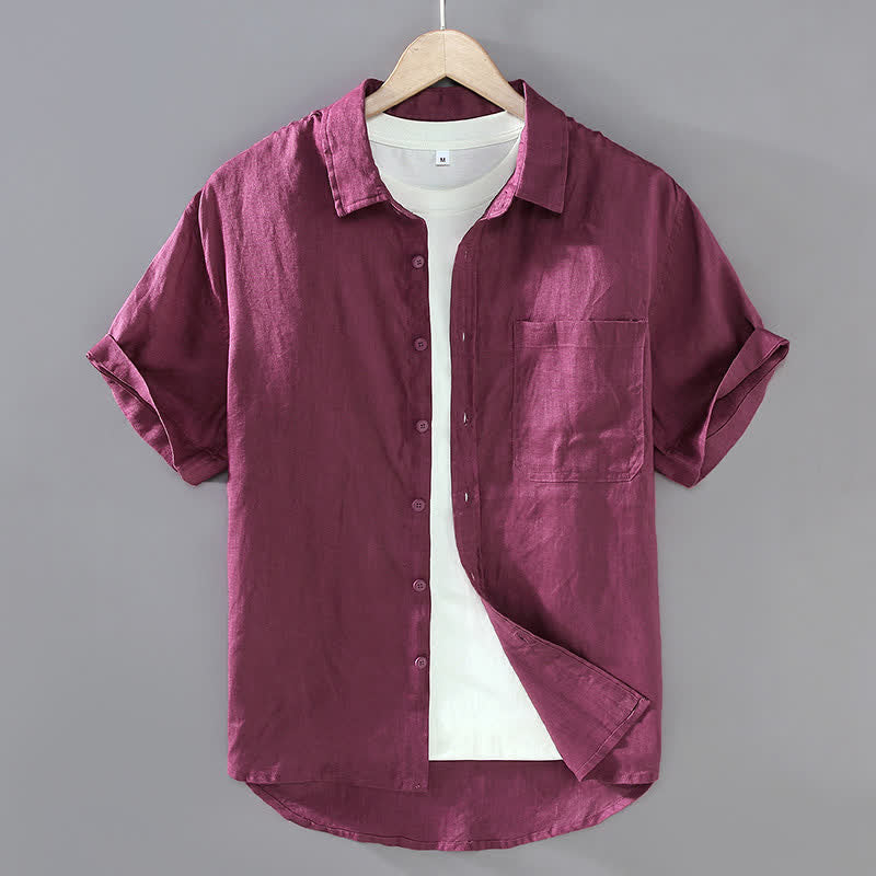 Buddha Stones Summer Casual Button-Up Solid Linen Men's Short Sleeve Shirts With Patch Pocket - PaleVioletRed - US/UK/AU42,EU52 (3XL) - image 11