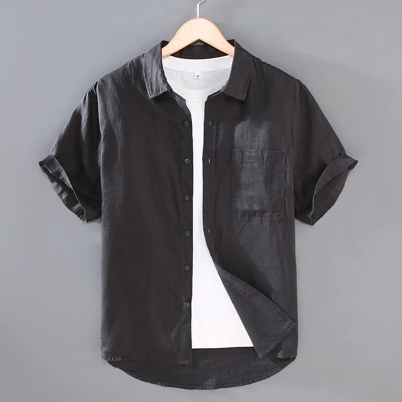 Buddha Stones Summer Casual Button-Up Solid Linen Men's Short Sleeve Shirts With Patch Pocket - DarkSlateGray - US/UK/AU42,EU52 (3XL) - image 9