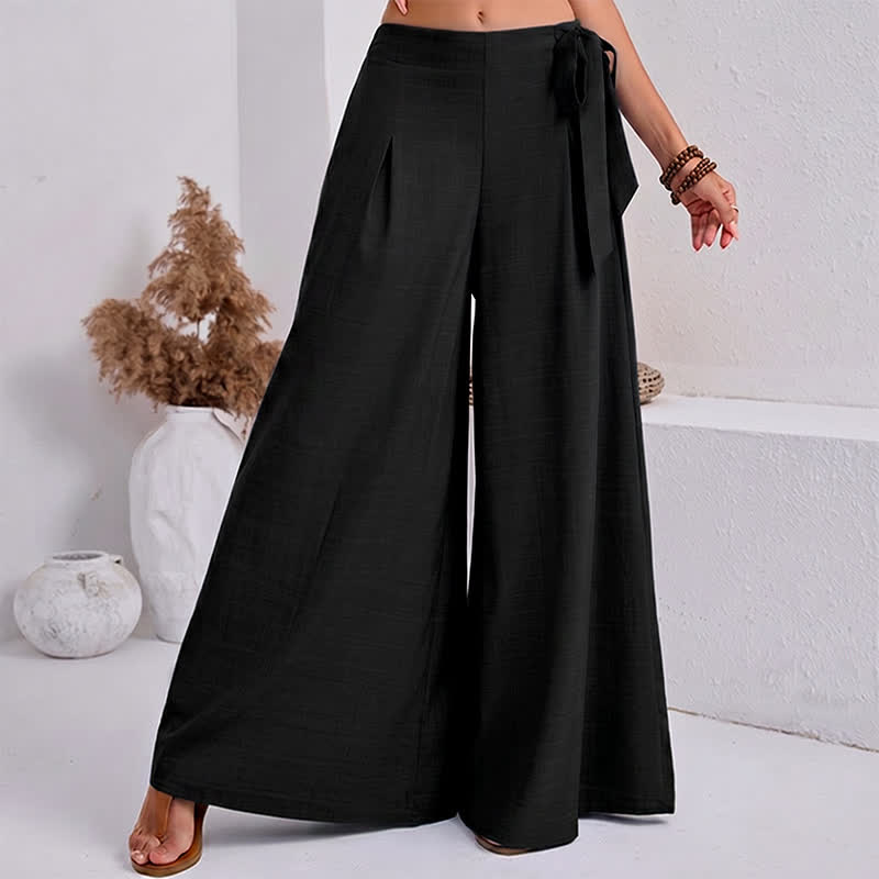 Buddha Stones Spring Casual Retro Plain Drawstring Women's Wide Leg Pants With Pockets - Black - US14,UK/AU18,EU46 (2XL) - image 0