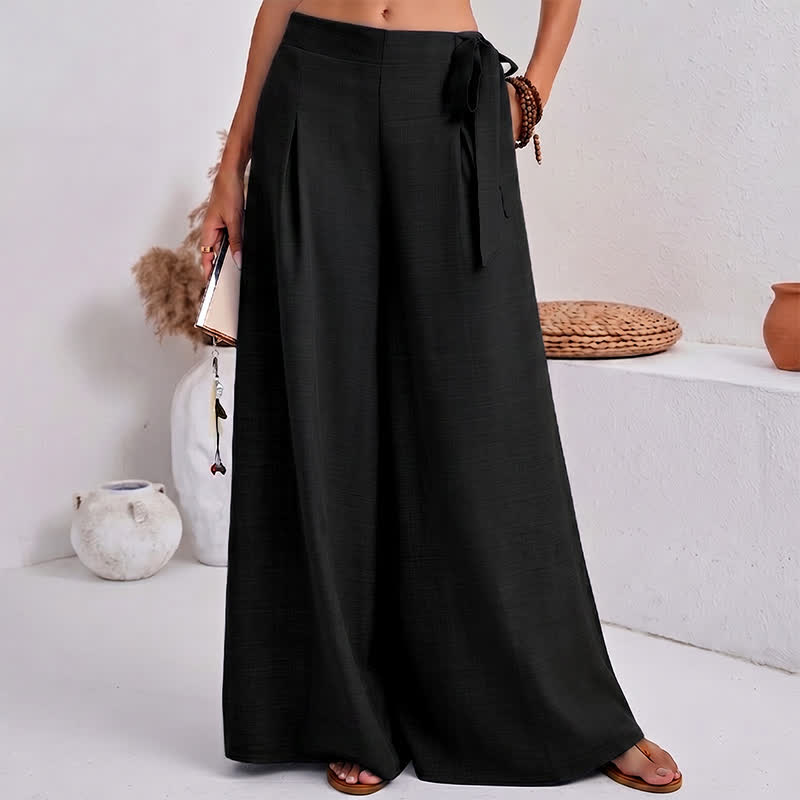 Buddha Stones Spring Casual Retro Plain Drawstring Women's Wide Leg Pants With Pockets - Black - US14,UK/AU18,EU46 (2XL) - image 6